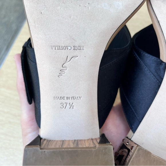 Rene Caovilla Satin Crystal & Wood Embellished Thong Sandal Heels Sz 37.5 Italy - Picture 8 of 16